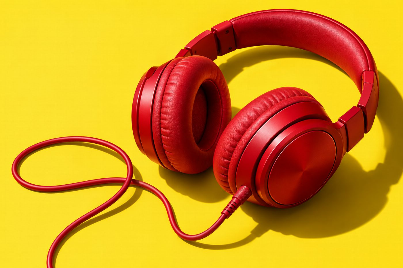 Red headphones on a yellow studio backdrop